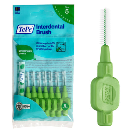TePe Interdental Brush Original Green (ISO size 5: 0.8mm) / For easy and thorough cleaning of the spaces between teeth / 1 x 8 interdental brushes