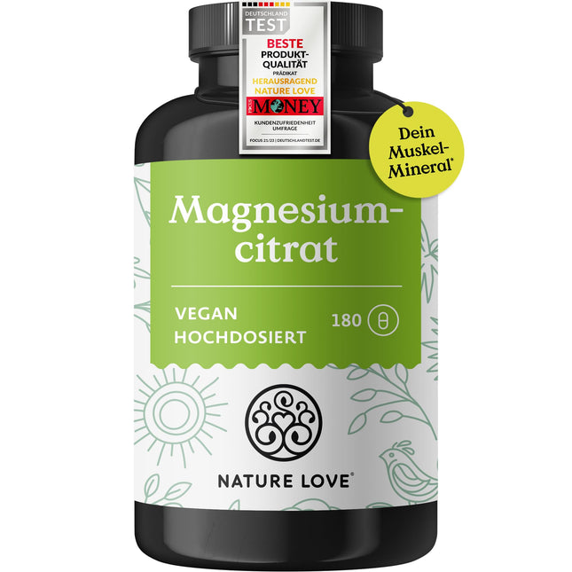 NATURE LOVE® Magnesium Citrate – 2,320 mg Magnesium Citrate (of which 360 mg elemental magnesium) – 180 Capsules – high dosage, laboratory-tested, no additives, vegan &amp; developed in Germany