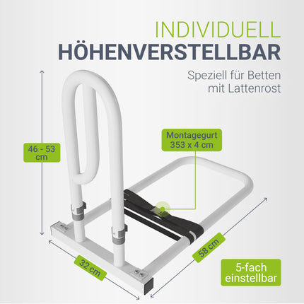 Juskys Bed Riser - Grab Bars for Seniors - Height-Adjustable Aid - Steel Riser - 2 Straps - for Beds with Slatted Frames - White