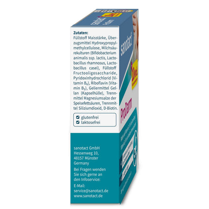 sanotact ProDarm (20 capsules) • 10 billion lactic acid cultures + 3 bacterial strains for intestinal cleansing • Bacterial cultures as a bowel cleansing treatment • With vitamins B6, B2 + biotin • Probiotic intestinal treatment