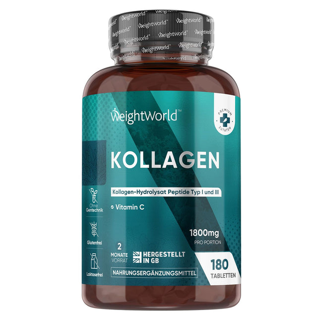 Collagen Tablets with Vitamin C - 1800mg Collagen Hydrolysate per Serving - Collagen Peptides Types 1 &amp; 3 - 180 Tablets - 2 Month Supply - WeightWorld