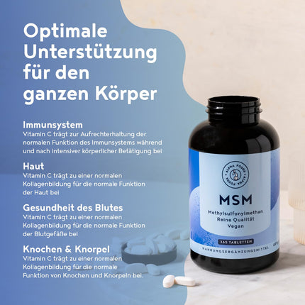 MSM 2000mg with Vitamin C - 365 Tablets with Methylsulfonylmethane - More compact MSM powder than capsules - High-dose and vegan - Alpha Foods