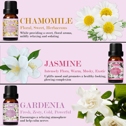 SALKING Essential Oils Set, Aromatherapy Fragrance Oil Gift Set, 100% Pure Fragrance Oils for Diffusers, Fragrance Lamps, Humidifiers, Massage, 6 x 10 ml (Lavender, Rose, Cherry Blossom, Jasmine, Gardenia, Chamomile)