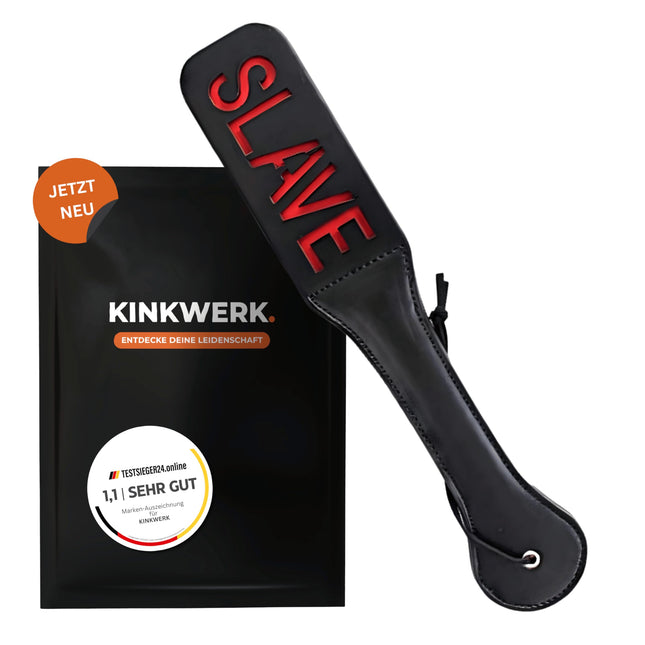 KINKWERK Spanking Paddle (lettering) made of high-quality synthetic leather for men and women | Ergonomic design with wrist strap | Multifunctional BDSM accessory (SLAVE)