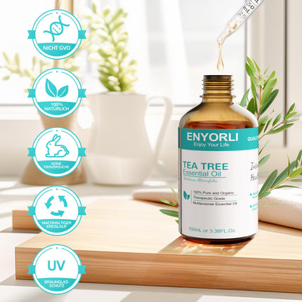 ENYORLI Tea Tree Oil 100ml Natural Tea Tree Oil 100% Pure and Essential Aromatherapy Oil Vegan Tea Tree Essential Oil for Diffuser, Shampoo, Face, Skin, Nails