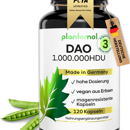 120 DAO capsules - 1,000,000 HDU per day - perfect dosage with 333,333 HDU/capsule (1 to 3 capsules/day) - DAO vegan - DAO enzyme from peas