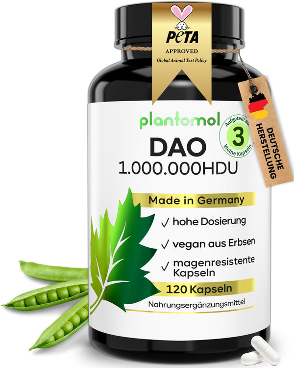 120 DAO capsules - 1,000,000 HDU per day - perfect dosage with 333,333 HDU/capsule (1 to 3 capsules/day) - DAO vegan - DAO enzyme from peas