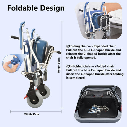Toilet chair for seniors with wheels, multifunctional shower chair with wheels, foldable, blue shower toilet chair mobile with urine bucket, toilet wheelchair for the elderly and disabled comfort