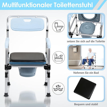 ISOISL Commode Chair, Commode Chair for Seniors, Height Adjustable 42-54 cm, with Padded Seat and Toilet Bucket, Load Capacity up to 160 kg, for Seniors and Pregnant Women