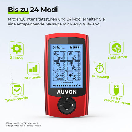 AUVON TENS device with EVA carrying case, rechargeable electrical stimulation device for pain with 24 training programs, 2-channel red TENS device for pain therapy, 12 premium electrodes with patented design