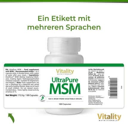 MSM High Dose, Ultra Pure MSM Capsules with 1000 mg Methylsulfonylmethane, 180 Capsules for 6 Months, No Unnecessary Additives Vitality Nutritionals by VitaminExpress