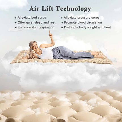 Kyltoor alternating pressure mattress against bedsores Bed pad against bedsores for hospital bed including inflatable air mattress and quiet pump, for the relief of bed sores and for the treatment