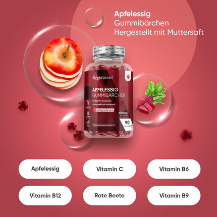 Apple Cider Vinegar Gummies 1000mg - Vitamin C, B12, B6, B9 (Folic Acid) &amp; Beetroot - 90 Vegan Gummies with Apple Flavor - Apple Cider Vinegar by WeightWorld