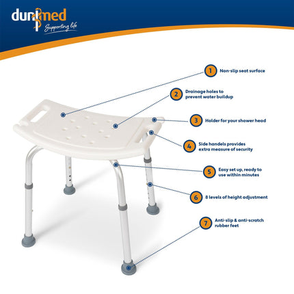 Dunimed Shower Stool - Height-Adjustable Shower Chair 39-52cm - Anti-Slip Shower Seat - Shower Aid - Bath Seat (Without Backrest)