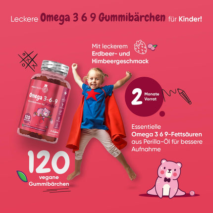 Omega 3 6 9 Gummies for Children - 400mg Perilla Oil Provides Omega 3, Omega 6 &amp; Omega 9 Per Serving - 120 Vegan Gummies - 2 Month Supply - Fatty Acids with Strawberry &amp; Raspberry Flavor - maxmedix