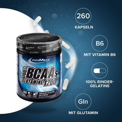 IronMaxx BCAAs + Glutamine - 1200 (260 Tricaps) | BCAA capsules, sugar-free and preservative-free | High-dose amino acid capsules including all BCAAs and L-glutamine