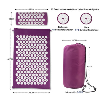 Acupressure Purple Acupressure Set Acupressure Mat, Acupuncture Point Massage Pillow, Neck and Back Pain Relief, Muscle Relaxation and Stress Relief, Sciatica Relief, Purple White