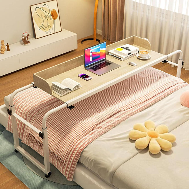 GXQFC Overbed Table on Wheels Height Adjustable 65-95 cm/Width Adjustable 115-210 cm, Overbed Table Mobile Desk Nursing Table Laptop Table Bedside Table for Home Office (Color: Wood)