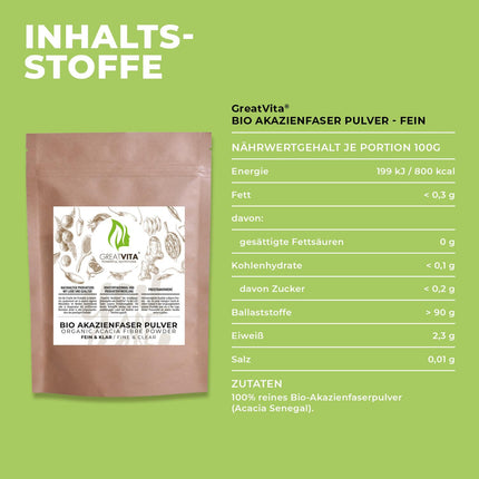 Organic Acacia Fiber Powder 400 g – E414 Gum Arabic Type 4918 | 90% fiber, soluble &amp; tasteless | vegan, gluten-free, non-GMO | Made in Germany - DE-ÖKO-037 | GreatVita