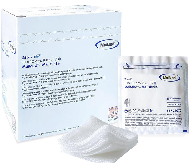 Compresses Sterile 10x10cm 50 pieces Wound compresses STERILE 8 layers Wound dressing Dressing material Gauze compresses Wound gauze Compress for wound care Blood absorption + E-Book (about health)