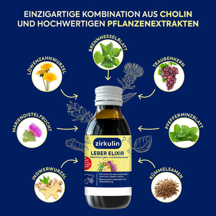 Zirkulin Liver Elixir (6 x 120 ml) – Support for liver health &amp; cleansing – with choline, milk thistle, grape seed and nettle extract – antioxidant &amp; diuretic – for daily use