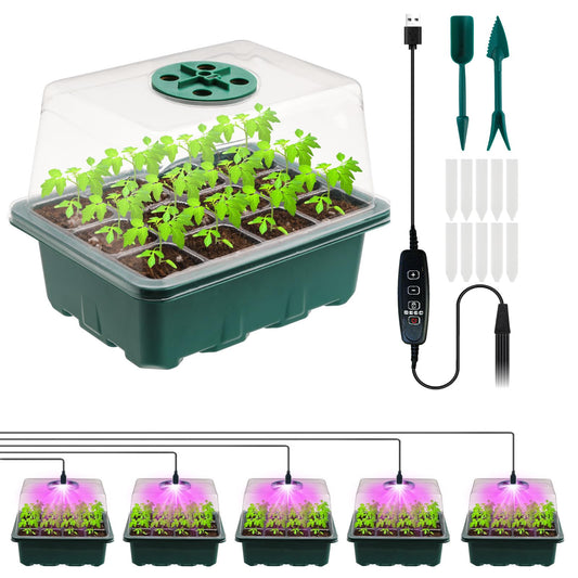 5 Stück Mini Gewächshaus mit erhöhten Deckel, Setzling Starter mit Pflanzenlichter, Gewächshaus Klein Grow Zubehör, Tabletts Treibhaus Anzuchtschale Zimmergewächshaus Anzuchtkasten Set (Green-A)