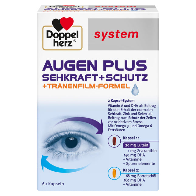 Doppelherz system EYES PLUS VISION + PROTECTION – With vitamin A and the omega-3 fatty acid DHA to contribute to the maintenance of normal vision – 60 capsules