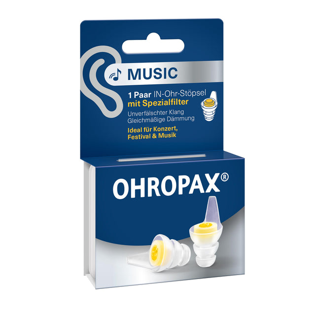 OHROPAX Music earplugs – with special filter – unadulterated sound with even attenuation – sound insulation value SNR 19 dB – ideal for concerts – 1 pair with inserted filter + 1 smaller pair of earplugs