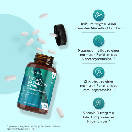 Calcium Magnesium Zinc - 400 Tablets 1+ Year - Magnesium, Vitamin D3, K2, Boron, Selenium, Copper - 500mg Calcium - Vegan - 1 Tablet Per Day - Gluten-Free - Alternative to Capsules - WeightWorld