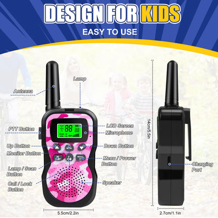 Walkie Talkie Kids Rechargeable, Walkie Talkies for 3-12 Year Old Children with 8 Channels, LED Flashlight, VOX Function for Camping, Hiking, Adventure, Set of 3