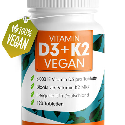 Vitamin D3 K2 VEGAN - 120 tablets with 5000 IU D3 + 200 mcg K2 (MK7) - Vitamin D3 high-dose and vegan - lasts for 19 months - laboratory-tested with certificate - no unwanted additives