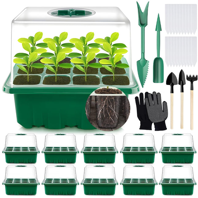 MOYKSRR Indoor Greenhouse Propagator, 10 Pieces 120 Cells Mini Greenhouse Propagation Set with 2 Garden Tools, 3 Shovels, 20 Labels, Greenhouse Propagation Tray with Higher Lid for Seedling Plant