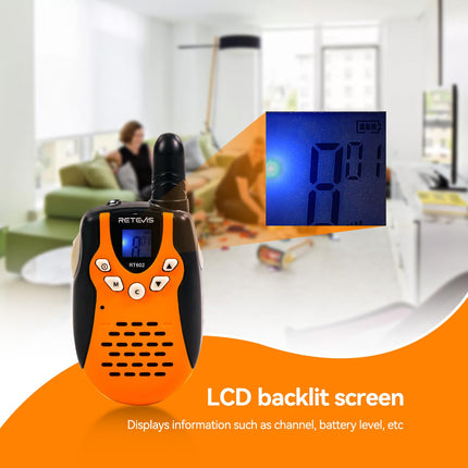 Retevis RT602 Walkie Talkie Kids 8 Channels PMR446 Children's Two-Way Radio with Rechargeable Batteries Flashlight VOX LCD Display Toy Spy Gear Gifts for Children (1 Pair, Orange)