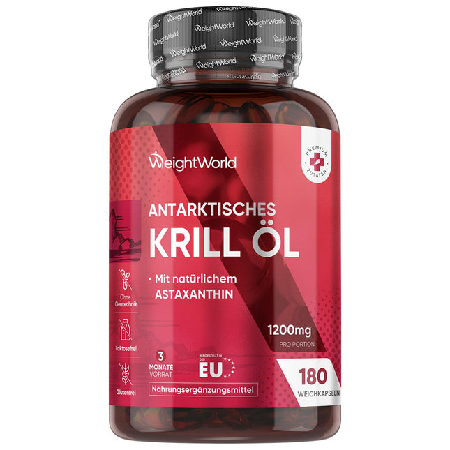 Antarctic Krill Oil Softgels - 1200mg per serving - Provides Omega 3, DHA, EPA, Astaxanthin, Choline &amp; Marine Phospholipids - 180 Softgels for 3 Months - Gluten-Free, Lactose-Free - WeightWorld
