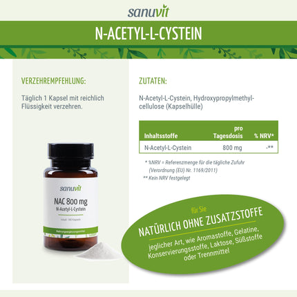 Sanuvit® - NAC | 180 Capsules | High Dosage | N-Acetyl-L-Cysteine ​​| High Bioavailability and Tolerability | Vegan | Made in Austria (180 Capsules, 800 mg)