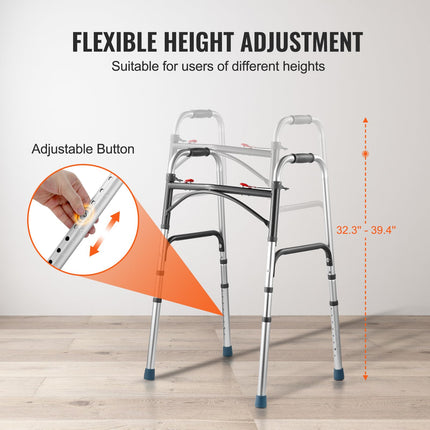 VEVOR Foldable Walker, 2-Button Folding Walker with 8-Level Height Adjustable and Sturdy Handles, Lightweight Aluminum Walking Aid for Elderly and Disabled People, up to 350 lbs