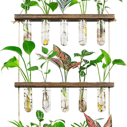 Grovind 3 Tiers Large Flower Vases Wall Hanging Plant Vase with Wooden Stand, Glass Planter Test Tube for Hydroponic Plants Home Office Patio Decor