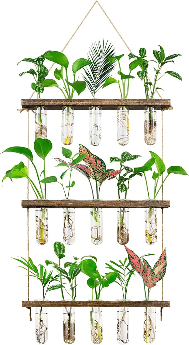 Grovind 3 Tiers Large Flower Vases Wall Hanging Plant Vase with Wooden Stand, Glass Planter Test Tube for Hydroponic Plants Home Office Patio Decor