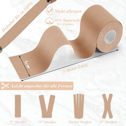 HONYAO® Kinesiotapes 2 Rolls, Kinesiology Tape (5m×5cm), Physio Tape for Shoulder, Back, Knee, Elbow and Neck, Sports Tape, Skin-friendly, Elastic &amp; Waterproof - Skin-colored