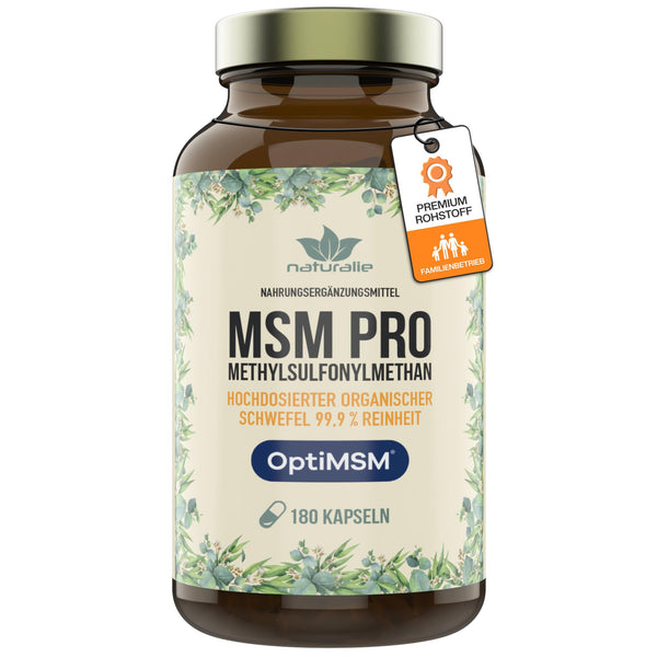 naturalie® MSM PRO - 1.6 g of pure methylsulfonylmethane per daily dose - 99.9% purity thanks to OptiMSM™ multiple distillation - no unnecessary additives - 180 capsules in BPA-free brown glass