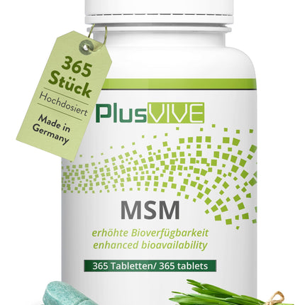 PlusVive MSM tablets high dose | 1 x 365 tablets | 1000mg MSM with 99.8% purity per tablet | MSM capsules with papain &amp; spirulina | Dietary supplement vegan &amp; laboratory-tested