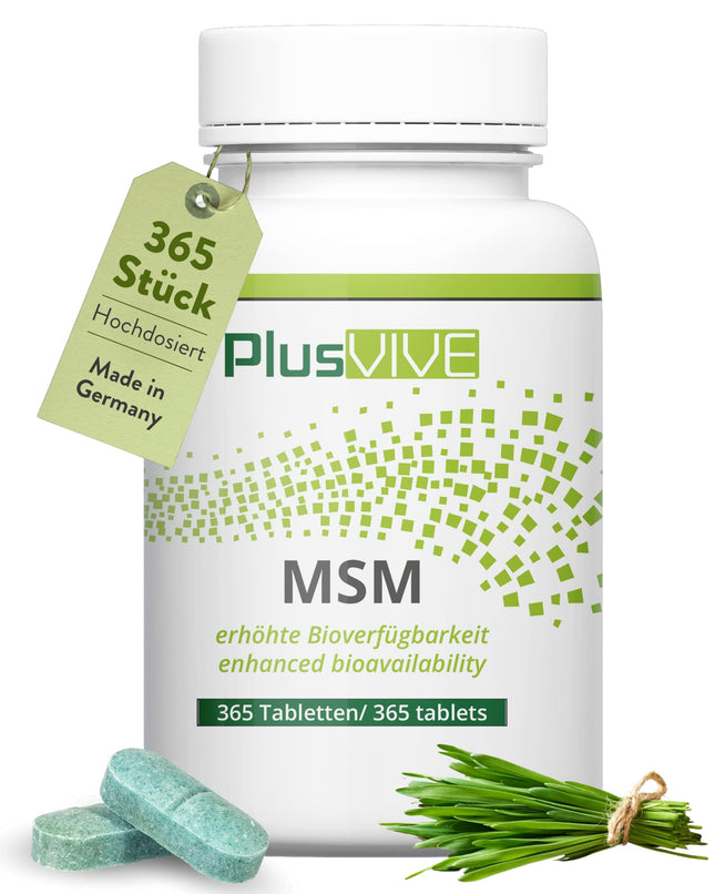 PlusVive MSM tablets high dose | 1 x 365 tablets | 1000mg MSM with 99.8% purity per tablet | MSM capsules with papain &amp; spirulina | Dietary supplement vegan &amp; laboratory-tested