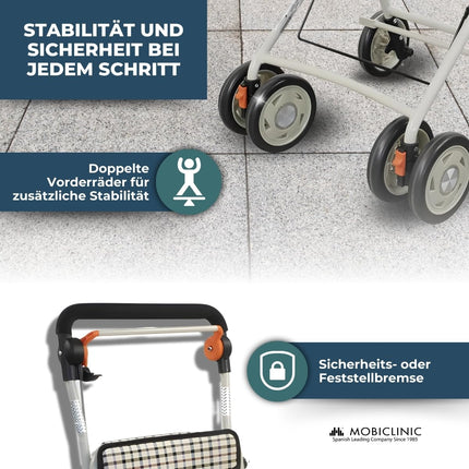 Mobiclinic®, Shopping Trolley Rollator, Walker with Large Shopping Bag and Seat, 21L, Foldable, Lightweight, Shopping Cart, Double Brake System, Walking Aid, Made of Steel, Stable