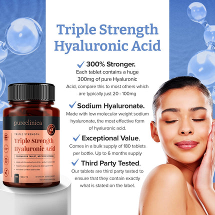 Hyaluronic Acid 300 mg x 180 Tablets (3-month supply). Triple strength hyaluronic acid. 300% more powerful than any other HLA tablet.