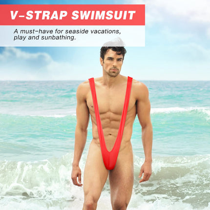 Neer Men's String Mankini Funny Borat Thong Swimming Underwear Christmas V Shape Swimsuit (Red, Classic)