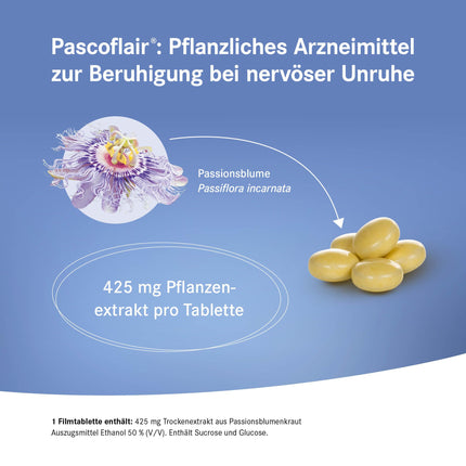 Pascoflair: 90 tablets - herbal sedative - for nervous restlessness, e.g., due to stress - 425 mg concentrated extract per tablet corresponds to 4250-6375 mg passionflower (daily dose)