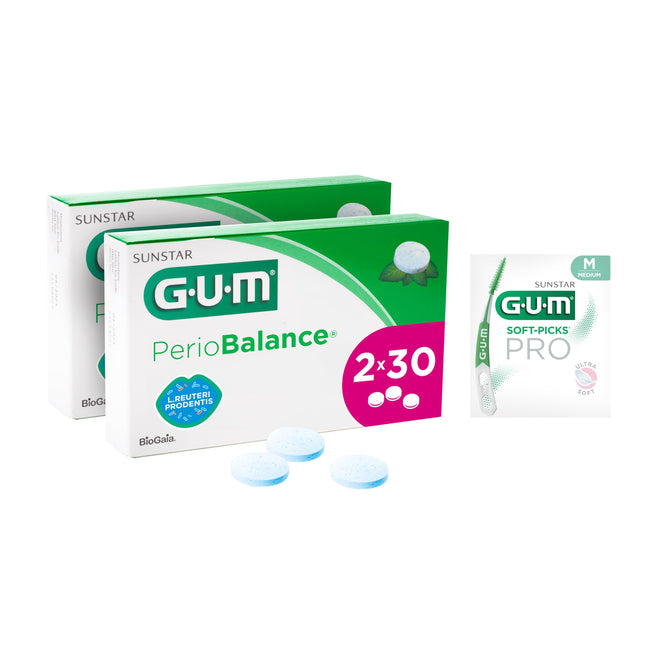 GUM PerioBalance Lozenges/Food supplement for the gums/Contains the patented bacterium Limosilactobacillus reuteri Prodentis/Pleasant mint flavor/2x30 (+1 free sample)
