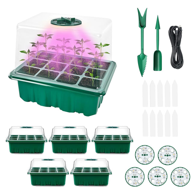 ZITUZY Indoor Greenhouse Propagator with Plant Lamp, 5 Pieces Mini Greenhouse Propagation Set, Trays Greenhouse Propagation Tray for Plants, 10 Labels, 2 Tools, with Raised Lid