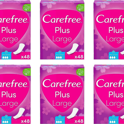 Carefree Plus Large panty liners with fresh scent (1 x 48 pieces), extra wide and super absorbent to lock in fluids instantly, neutralizes odors, size Plus Large