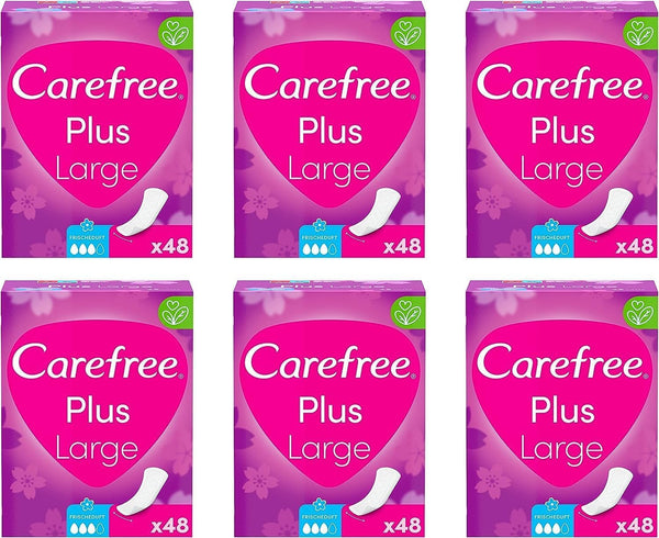 Carefree Plus Large panty liners with fresh scent (1 x 48 pieces), extra wide and super absorbent to lock in fluids instantly, neutralizes odors, size Plus Large